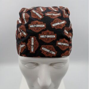 Harley Davidson Skull Cap OSFA Black Orange Logo Do Rag Biker Bandana Tie Back